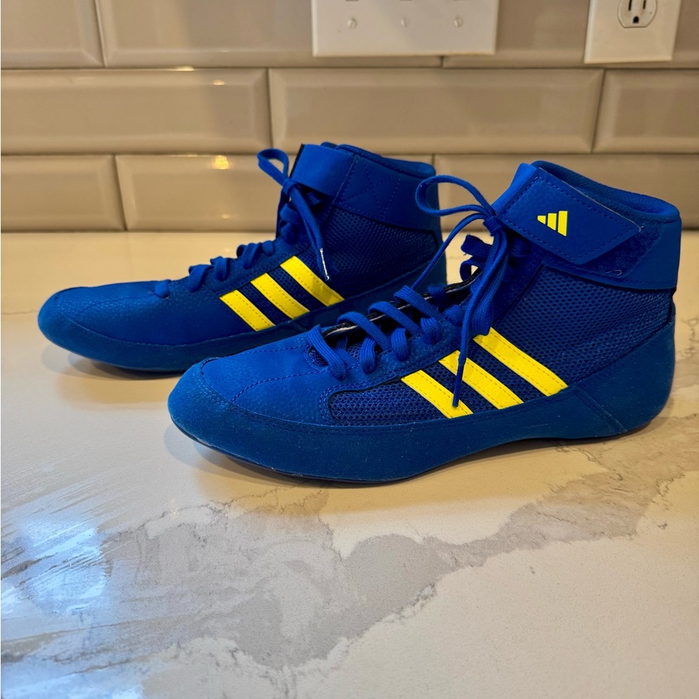 Adidas Royal Blue Wrestling Shoes with Yellow Accents